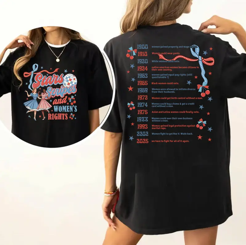 2 Sided 4th of July Feminist Stars Stripes And Women's Rights Shirt, Retro Fourth Of July Shirt, Funny Feminist Graphic Tee, Girl Power USA Shirt Casual Cotton Fabric Fashion