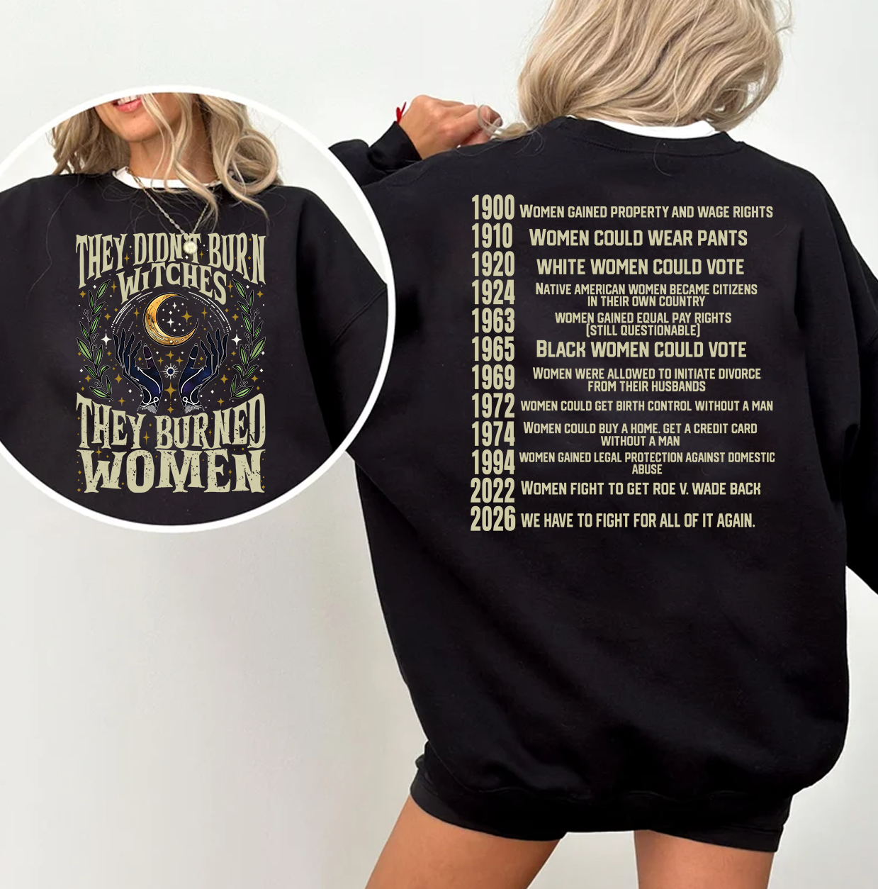 2026 They Didn't Burn Witches Shirt Women's Rights Dates Cotton Tee Crew Neck Short Sleeves Unisex Fit Check Top