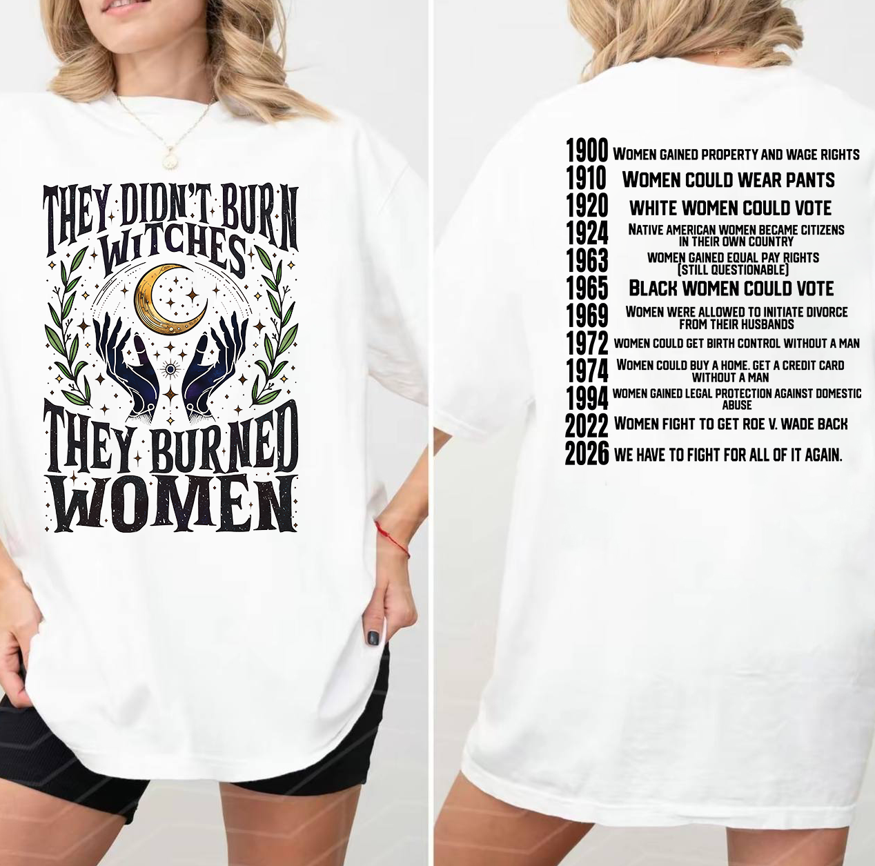 2026 They Didn't Burn Witches Shirt Women's Rights Dates Cotton Tee Crew Neck Short Sleeves Unisex Fit Check Top