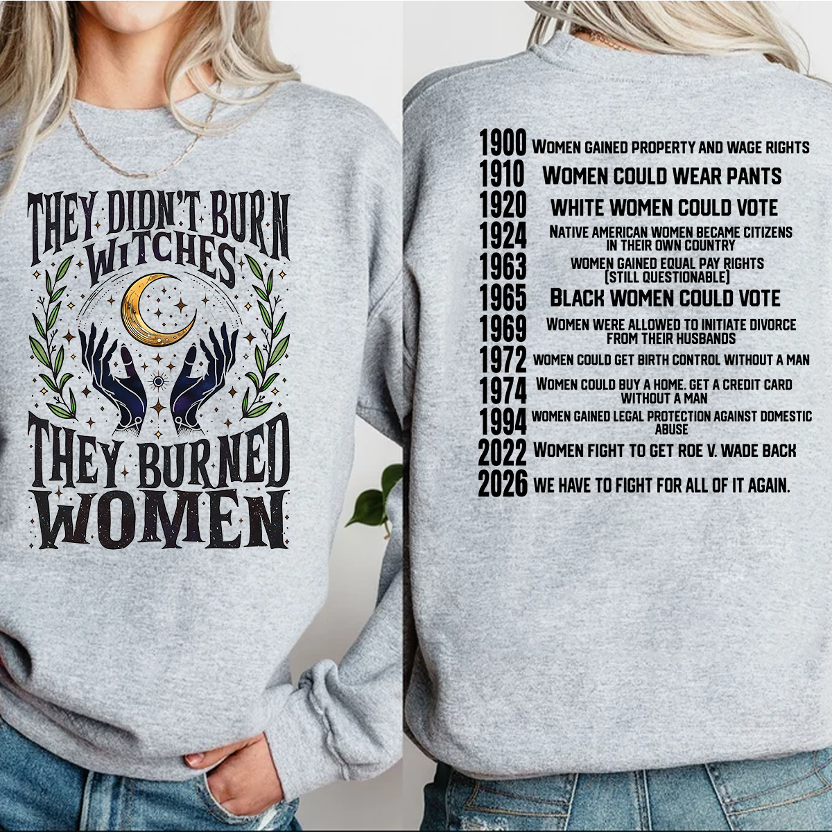 2026 They Didn't Burn Witches Shirt Women's Rights Dates Cotton Tee Crew Neck Short Sleeves Unisex Fit Check Top